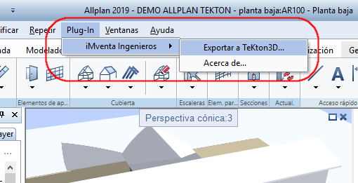 Menú integrado en Allplan 2019 con las opciones para exportar a TeKton3D